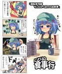  armpits blue_eyes blue_hair blush bras_d'honneur breasts check_translation cleavage comic conveyor_belt_sushi dish downblouse drooling eating food hair_ornament hat highres kawashiro_nitori macedonian_flag makizushi medium_breasts saemon_(tonpura) short_hair sunburst sushi tears touhou translated translation_request twintails two_side_up 