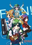  band cagayake!_girls_pose drum drum_set guitar highres instrument k-on! kawashiro_nitori kazuta_(kazutan62) keyboard_(instrument) kochiya_sanae moriya_suwako multiple_girls parody touhou two_side_up yasaka_kanako 