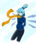  blue_eyes blue_hair casual cirno cirno-nee contemporary high_ponytail older scarf short_hair short_ponytail smile sweater touhou umeboshi_(lazy_lazy) wings 
