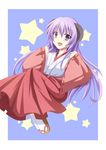  hakama hanyuu higurashi_no_naku_koro_ni horns japanese_clothes long_hair miko purple_eyes purple_hair red_hakama roshin solo 