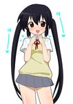  bad_id bad_pixiv_id black_hair blush brown_eyes k-on! long_hair meiro_(yuu) nakano_azusa neck_ribbon open_mouth red_eyes red_ribbon ribbon round_teeth saliva school_uniform skirt smile solo sweater_vest teeth twintails 