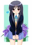 :o akatsuki_(akatsukishiki) black_hair blazer brown_eyes extra flower glasses highres iris_(flower) jacket k-on! long_hair school_uniform solo sweater_vest takahashi_fuuko 
