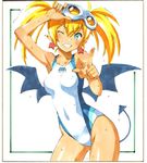  arcana_heart bat_wings blonde_hair competition_swimsuit demon_girl demon_tail earrings goggles goggles_on_head jewelry lilica_felchenerow nakamura_yukitoshi one-piece_swimsuit one_eye_closed pointy_ears solo swimsuit tail twintails wings 