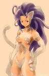  :3 animal_ears big_hair blue_hair breasts cat_ears claws felicia fur hand_on_hip harada_(artist) long_hair medium_breasts paws simple_background smile solo tail vampire_(game) 