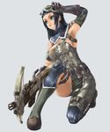  afurichin black_hair blue_eyes elbow_gloves gloves goggles highres leather monster_hunter one_knee simple_background solo weapon 