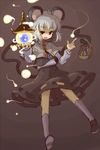  animal_ears basket bishamonten's_pagoda capelet glowing grey_hair jewelry kingin looking_at_viewer mouse mouse_ears mouse_tail nazrin pendant pointing red_eyes short_hair solo tail touhou 
