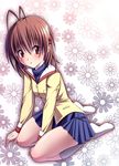  antenna_hair brown_eyes brown_hair clannad furukawa_nagisa highres hikarizaka_private_high_school_uniform kneeling school_uniform shin_(applique) short_hair solo 