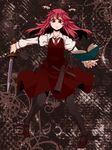  book demon_tail head_wings koakuma legs long_hair mary_janes necktie pantyhose red_eyes red_hair shoes solo sword tail touhou tsumidango weapon 