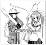  baseball_cap blush copyright_request cowboy_shot greyscale hair_ribbon hat hoon_park_jeong looking_at_viewer lowres monochrome multiple_girls oversized_object pleated_skirt ribbon simple_background skirt twintails white_background 