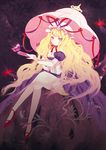  blonde_hair breasts cleavage crossed_legs domotolain elbow_gloves fan gloves hat large_breasts legs long_hair pink_eyes shoes sitting solo thighhighs touhou umbrella yakumo_yukari 