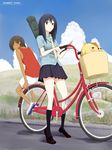  1girl bangs bicycle bicycle_basket black_footwear black_legwear black_skirt blouse blue_hair blue_sky brown_eyes buck_teeth cloud copyright_name day grass ground_vehicle hair_over_one_eye highres ikezawa_kazuma instrument_case light_smile loafers looking_at_viewer looking_back necktie niwatori_kokezou no_socks outdoors pleated_skirt red_shirt road shinohara_natsuki shirt shoes shorts sitting skirt sky socks squirrel standing stuffed_animal stuffed_squirrel stuffed_toy summer_wars tan tank_top yellow_neckwear 