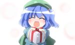  :d ^_^ blue_hair closed_eyes facing_viewer gift hair_bobbles hair_ornament happy hat holding holding_gift incoming_gift kawashiro_nitori oka_(bananashoe) open_mouth ribbon smile solo touhou two_side_up upper_body 
