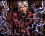 2001 brown_background character_name coat copyright_name dante_(devil_may_cry) dated devil_may_cry devil_may_cry_1 electricity hoon_park_jeong lowres male_focus smile solo watermark web_address white_hair 