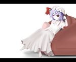  bat_wings blue_hair couch dress hat highres letterboxed red_eyes remilia_scarlet rexlent solo touhou wings 