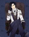  bad_id bad_pixiv_id black_hair chair chin_rest cravat gloves granado_espada male_focus nyanto_tourara pinstripe_pattern sitting smile solo striped wizard_(granado_espada) 