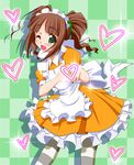  apron blush brown_hair green_eyes heart idolmaster idolmaster_(classic) matatabi_(2ccp) moe_moe_kyun! one_eye_closed open_mouth solo striped striped_legwear takatsuki_yayoi thighhighs twintails waitress 