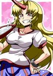  alcohol blonde_hair cup grin hand_on_hip highres horn hoshiguma_yuugi long_hair red_eyes sakazuki sake smile solo touhou tsuki_wani 