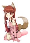  alternate_hairstyle animal_ears bare_shoulders brown_hair elbow_gloves fang fox_ears fox_tail gloves hands idolmaster idolmaster_(classic) long_hair minase_iori mouth_hold pink_legwear red_eyes solo stuffed_animal stuffed_bunny stuffed_toy tail thighhighs ttomm 