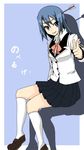  arrow blue_eyes blue_hair crossed_legs itoi_kaede noberuge pointing school_uniform sitting skirt socks solo uniform yunodon_(sugar_maple) 