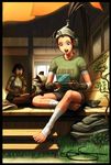  barefoot casual don_(street_fighter) feet handheld_game_console highres ibuki_(street_fighter) legs makoto_(street_fighter) multiple_girls nintendo_ds omar_dogan playing_games shorts signature street_fighter tanuki toeless_legwear 