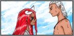  1girl akatsuki_(naruto) cloud colorized day eye_contact from_side hidan horns irashman jewelry long_hair looking_at_another naruto_(series) naruto_shippuuden necklace red_eyes red_hair silver_hair smile tayuya 