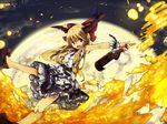  blonde_hair bottle bow chain fire holding horns ibuki_suika long_hair moon murani open_mouth red_eyes smile solo touhou wrist_cuffs 