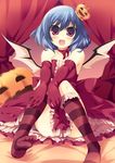  :d alternate_costume amanooni_touri bad_id bad_pixiv_id blue_hair blush choker curtains elbow_gloves fang feet food_themed_hair_ornament gloves hair_ornament halloween hands jack-o'-lantern open_mouth pumpkin pumpkin_hair_ornament red_skirt remilia_scarlet short_hair skirt smile solo striped toes touhou wings 
