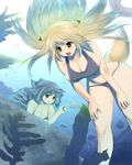  animal_ears bikini blonde_hair breasts brown_eyes cleavage feathered_wings feathers fish fox_ears fox_tail fuyu green_eyes grey_hair harpy large_breasts long_hair monster_girl multiple_girls original seaweed swimsuit tail underwater wings 