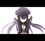  bad_id bad_pixiv_id bikini_top black_hair black_rock_shooter black_rock_shooter_(character) black_rock_shooter_(character)_(cosplay) blue_eyes blush breasts cleavage cosplay covering_head embarrassed flat_chest garuku hands_on_own_head hatsune_miku hood hooded_jacket hoodie jacket letterboxed long_hair medium_breasts shy simple_background solo twintails vocaloid 