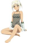  428 barefoot blonde_hair blush brown_eyes canaan canaan_(character) feet flat_chest full_body komatsu_(sakanae) legs ponytail simple_background sitting solo tank_top 