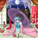  ball blue_eyes blue_hair full_moon heterochromia highres kado karakasa_obake moon oriental_umbrella purple_umbrella red_eyes short_hair solo tatara_kogasa tongue touhou umbrella 