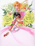  90s aiguillette animal bangs black_hair blonde_hair blue_eyes chu_chu_(shoujo_kakumei_utena) dark_skin dress epaulettes flower glasses highres himemiya_anthy holding holding_flower holding_weapon light_smile long_hair looking_at_viewer multiple_girls official_art parted_bangs parted_lips rose saitou_chiho shoujo_kakumei_utena sword tenjou_utena tiara traditional_media weapon white_flower white_rose yellow_flower yellow_rose 