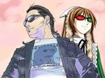  1girl artist_request black_hair brown_hair cover crossover cv_wakamoto cyberpunk cyborg deus_ex glasses hat heterochromia jc_denton long_hair parody pun rozen_maiden science_fiction suiseiseki sunglasses video_game 