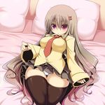  bed brown_hair curvy lying necktie original panties pillow shuz_(dodidu) solo thighhighs underwear 