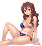  ahoge america american_flag_bikini arm_support bad_anatomy bad_hands bad_id bad_leg bad_pixiv_id bikini brown_eyes brown_hair curvy flag_print hashi lips matsuri_(teriyaki) original pouty_lips side-tie_bikini sitting solo star striped striped_bikini swimsuit wavy_hair 