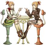  bad_id bad_pixiv_id blonde_hair boots catherine_(granado_espada) chair crossed_legs doll_joints frown granado_espada itanji kneehighs multiple_girls pointing ponytail ribbon sitting smile socks table thighhighs yellow_eyes 