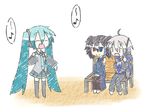  ahoge crossover detached_sleeves faux_traditional_media green_hair hatsune_miku heterochromia long_hair multiple_girls music musical_note singing smile sunesuki thighhighs twintails utau very_long_hair vocaloid voyakiloid yokune_ruko yowane_haku zettai_ryouiki 