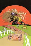  90s absurdres aiguillette all_fours artist_request bell blonde_hair chu_chu_(xenogears) highres kiryuu_nanami legwear_under_shorts long_hair pantyhose scan scan_artifacts shorts shoujo_kakumei_utena tail transformation 