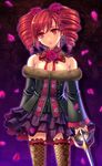  amy_sorel bare_shoulders byuune dress drill_hair fishnet_legwear fishnets flower fur fur_trim lace left-handed petals red_eyes red_hair rose solo soulcalibur soulcalibur_iv thighhighs twintails 