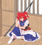  arm_support bad_id bad_pixiv_id hair_bobbles hair_ornament ikuya_koimori no_shoes onozuka_komachi red_eyes red_hair scythe sitting smile solo tabi touhou two_side_up 