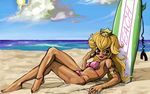  1girl beach bikini blonde_hair blue_eyes bracelet breasts cloud clouds crown jewelry mario_(series) nintendo ocean outdoors princess_peach sand sexy sky smile solo sunglasses super_mario_bros. surfboard swimsuit 