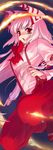  bow fujiwara_no_mokou hair_bow hair_ribbon highres kajo long_hair red_eyes ribbon silver_hair solo suspenders touhou 