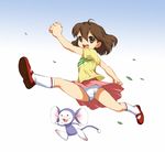  brown_hair chinpui chinpui_(chinpui) joy_ride jumping kasuga_eri miniskirt panties pantyshot red_footwear shirt shoes skirt smile socks t-shirt underwear white_legwear 