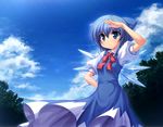  blue_eyes blue_hair bow cirno cloud covering_eyes day frown hair_bow light_rays looking_afar short_hair sky solo sunbeam sunlight takeponi touhou tree wings 