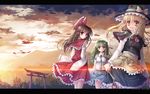  bad_id bad_pixiv_id blonde_hair bow braid brown_hair cloud detached_sleeves frog green_hair hair_bow hair_ornament hakurei_reimu hat highres kirisame_marisa kochiya_sanae landscape letterboxed light_rays long_hair multiple_girls red_eyes snake sousouman sunbeam sunlight sunset torii touhou undefined_fantastic_object wallpaper witch_hat yellow_eyes 