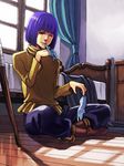  bed frontier_town gloves indian_style male_focus on_floor one_eye_closed purple_eyes purple_hair sitting slayers solo staff window wooden_floor xelloss 
