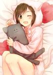  ;d animal_ears animal_hood brown_hair cat_ears cat_hood cat_tail fang green_eyes highres hood hoodie idolmaster idolmaster_cinderella_girls loungewear maekawa_miku munya one_eye_closed open_mouth short_hair smile solo stuffed_toy tail 