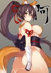  a_(show_by_rock!!) animal_ears ass bad_id bad_twitter_id black_hair blush breasts covering covering_crotch daruma_doll eyebrows fox_ears fox_tail hair_ornament hair_stick high_ponytail inayama large_breasts long_hair looking_back no_bra no_panties obi ponytail red_eyes sash show_by_rock!! sideboob solo tail tassel thick_eyebrows 