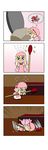  &gt;_&lt; 4koma :d absurdres apron blonde_hair bow bowtie chibi clenched_teeth closed_eyes comic faceplant fairy fairy_wings fire flintstone flying_sweatdrops gradient gradient_background hat highres lily_white long_hair matches minigirl open_mouth rakugaki-biyori silent_comic smile sparkle star sweatdrop teeth touhou trembling wings xd 