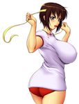  ameoto ass breasts brown_hair buruma character_request gym_uniform headband huge_breasts open_mouth original purple_eyes short_hair simple_background solo thighs white_background 